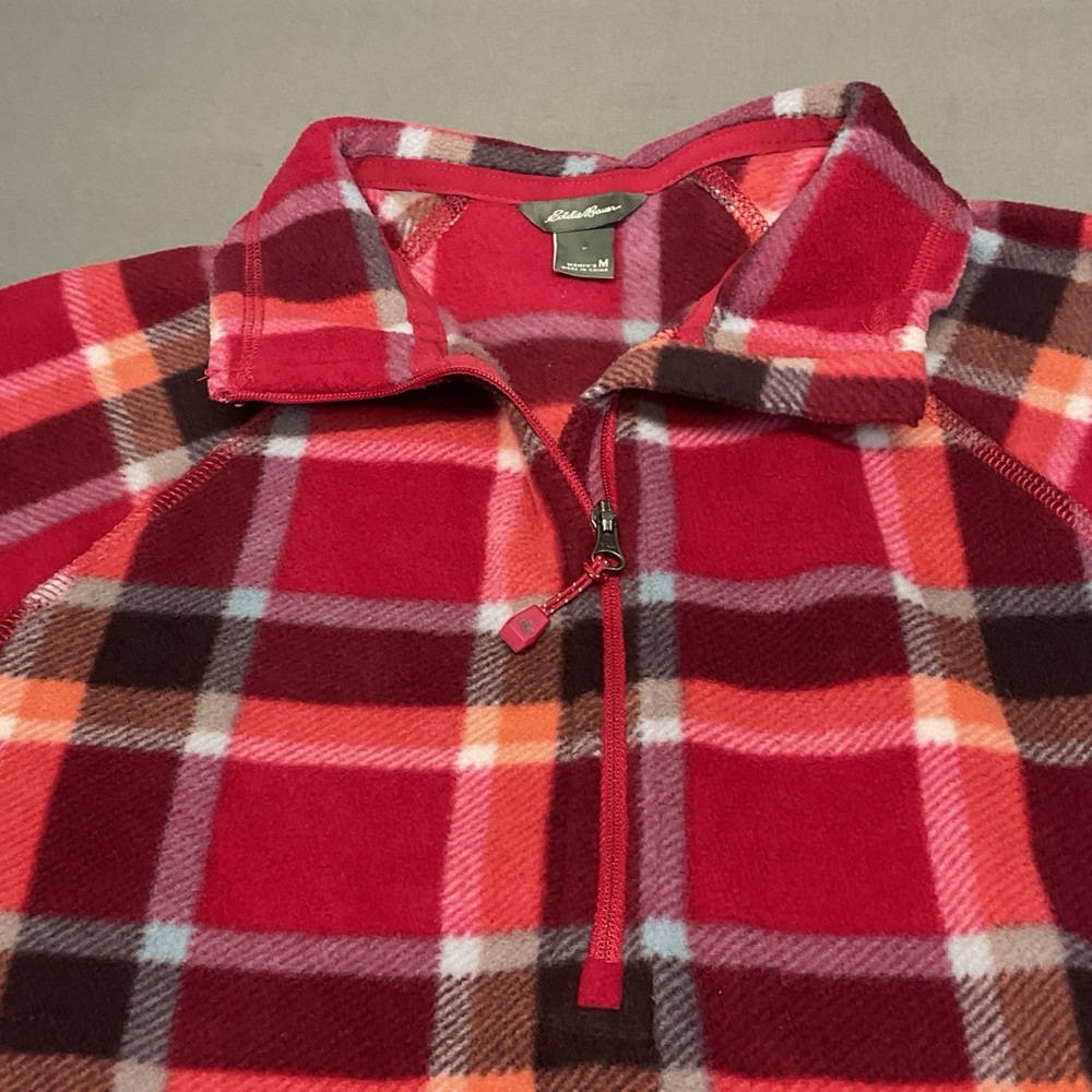 Eddie Bauer Red and Pink Plaid Fleece Pullover medium